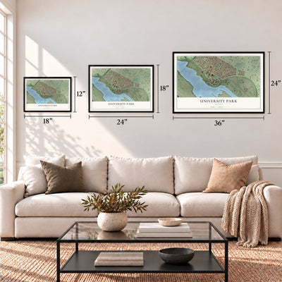 University Park, Oregon map in 12 x 18, 18 x 24 and 24 x 36 inch sizes above a sofa