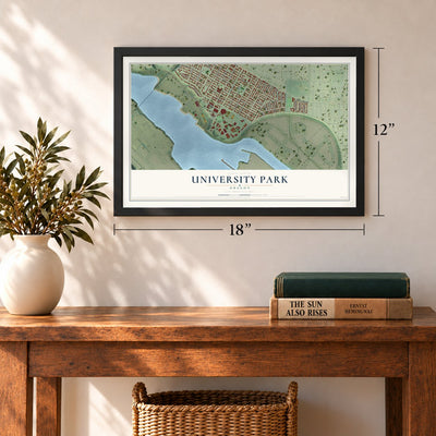 University Park, Oregon map, 12 x 18 inch print in a black frame in an entryway