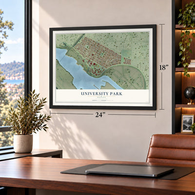 University Park, Oregon map, 18 x 24 inch print in a black frame in a home office