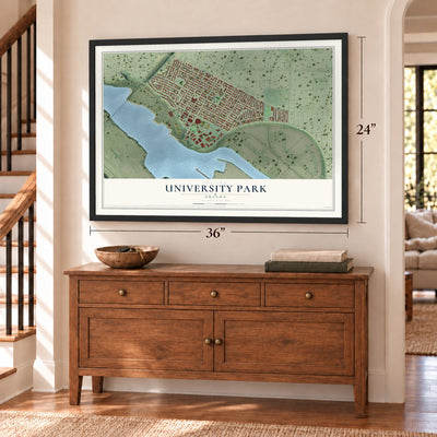 University Park, Oregon map, 24 x 36 inch print in a black frame above a dresser by a staircase