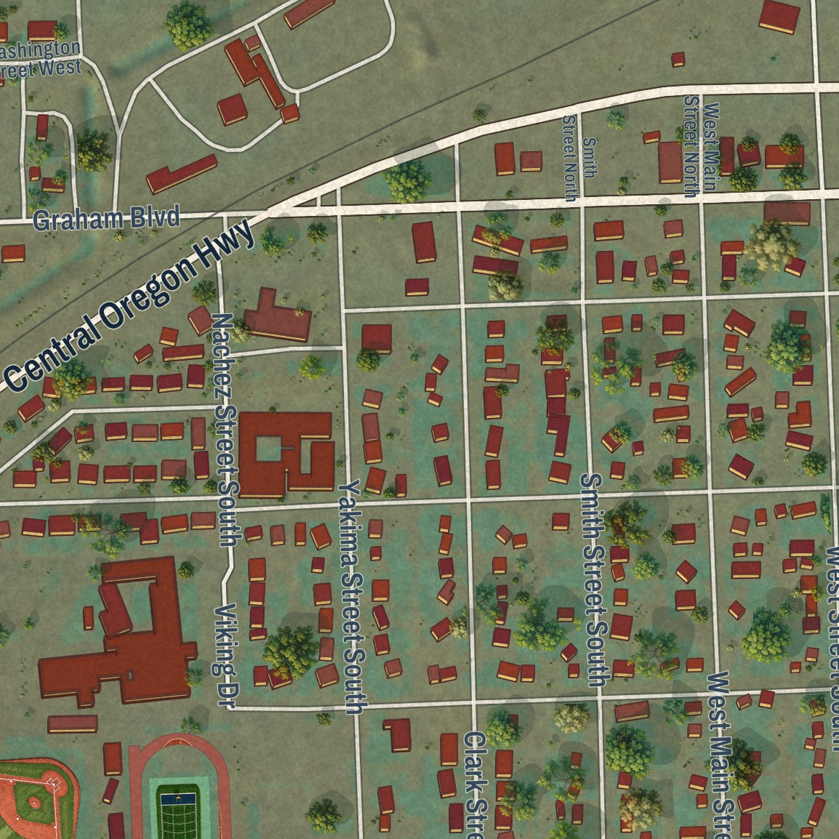 Close-up of the map of Vale, Oregon print showing street and building detail