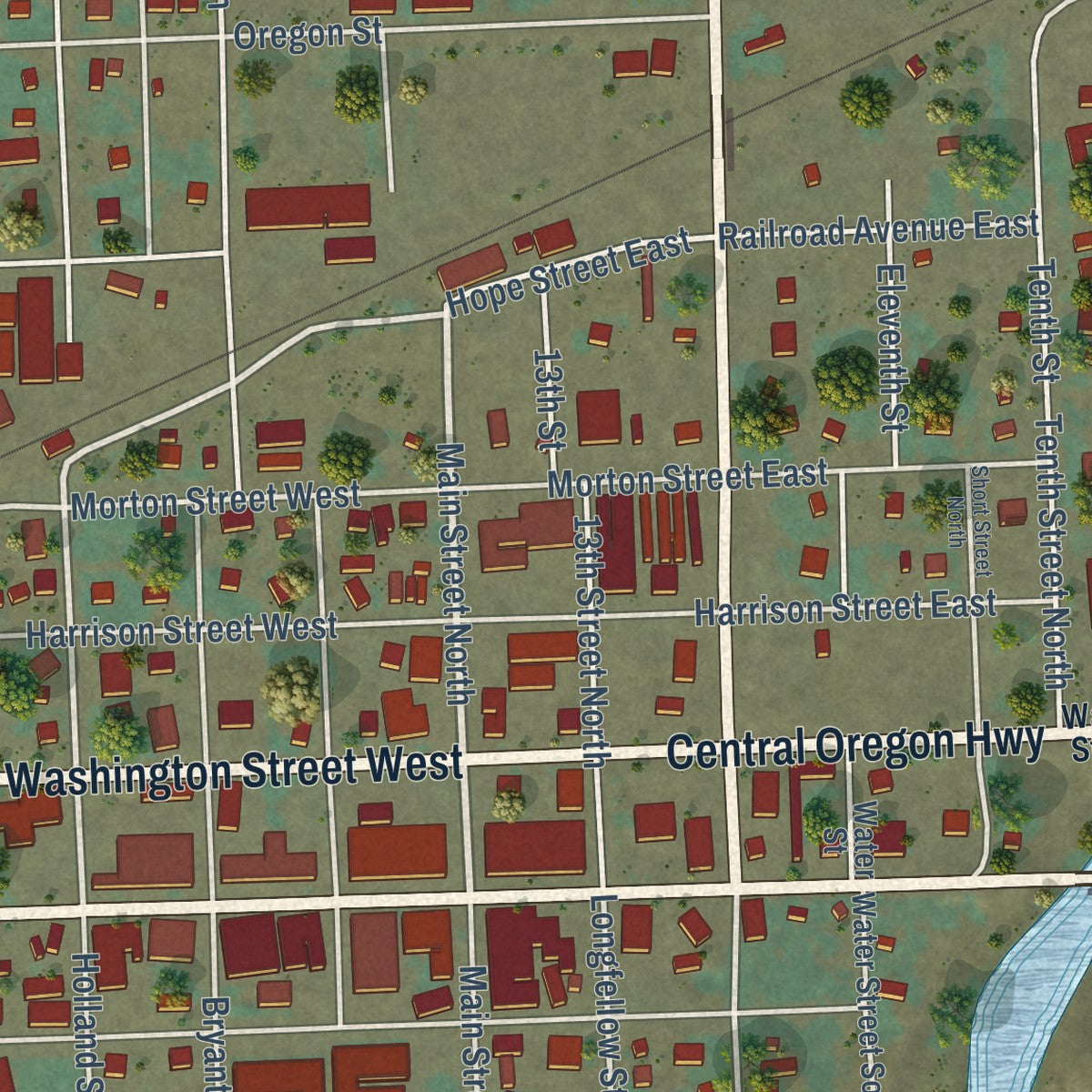 Second close-up of the map of Vale, Oregon print showing more streets and buildings