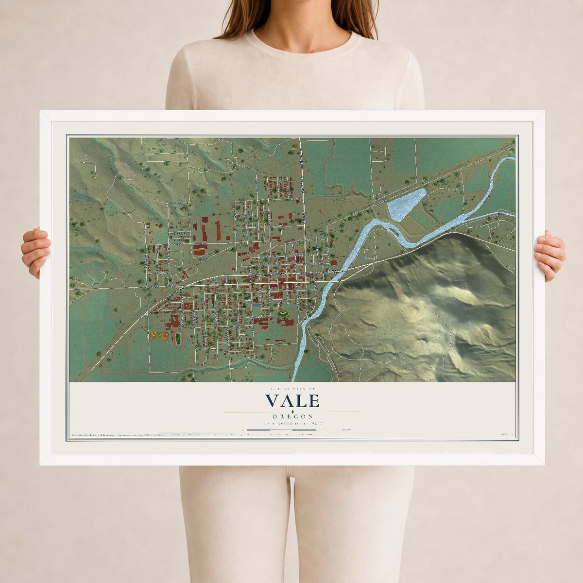 Map of Vale, Oregon, 24 x 36 inch print in a white wood frame