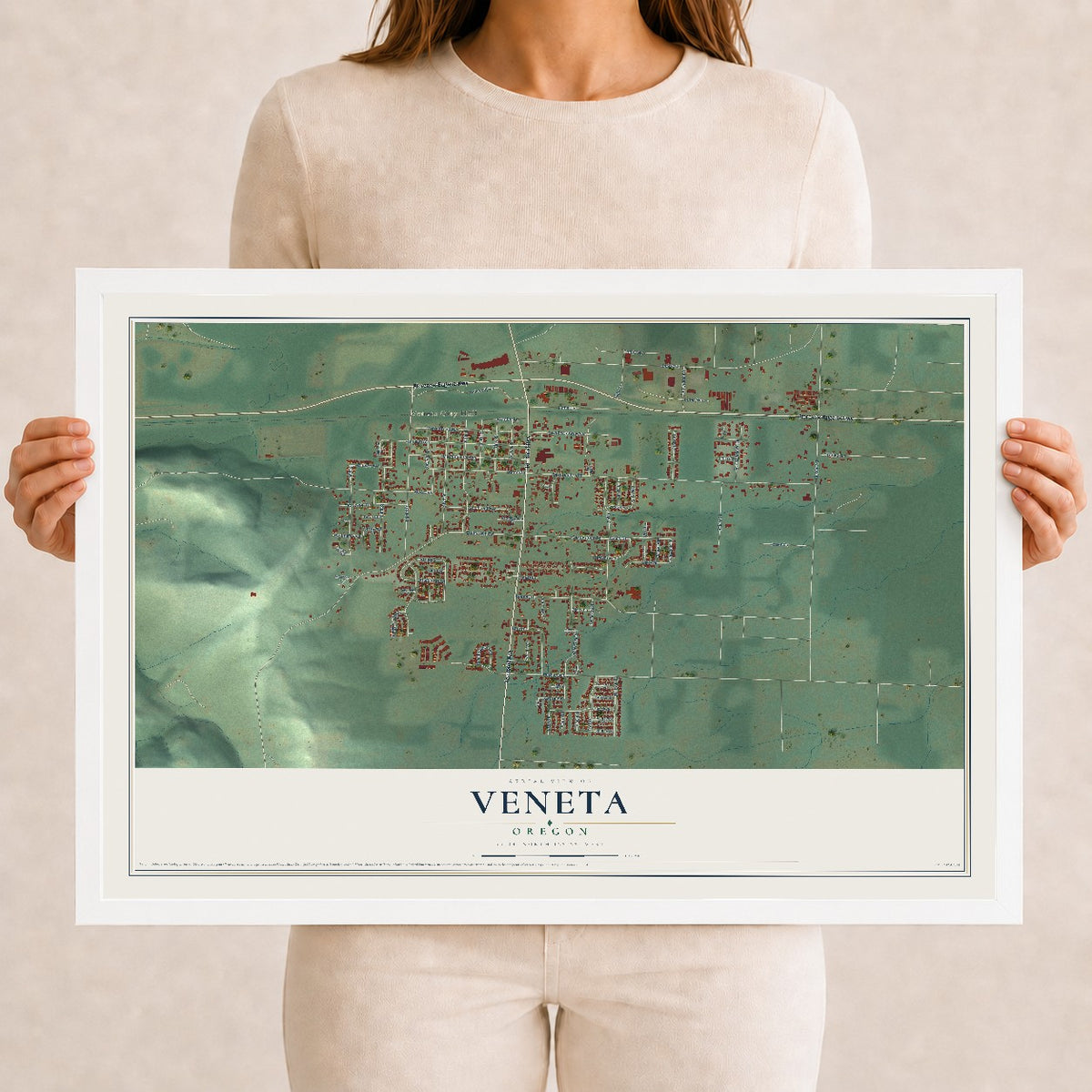 Map of Veneta, Oregon, 12 x 18 inch print in a white wood frame