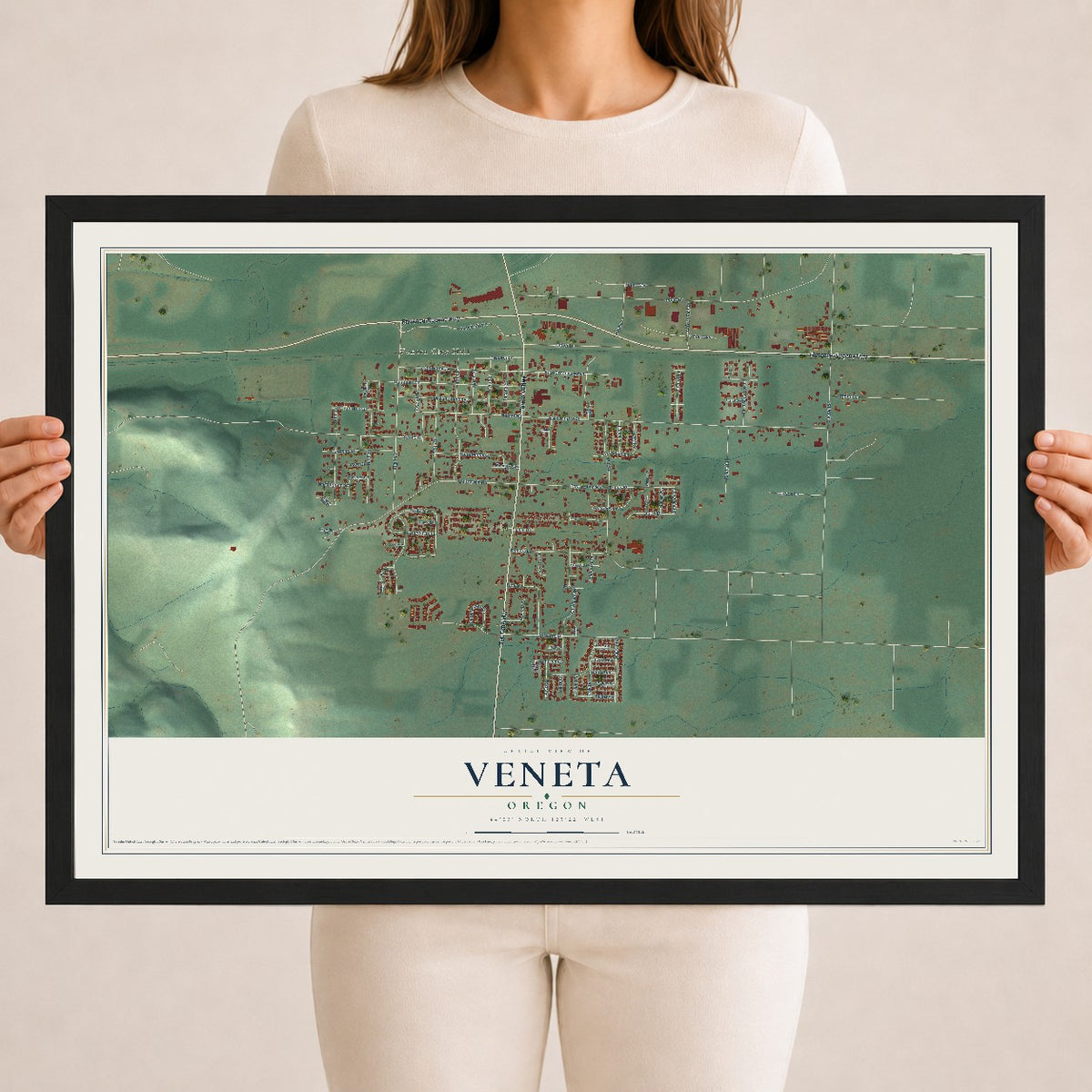Map of Veneta, Oregon, 18 x 24 inch print in a black wood frame