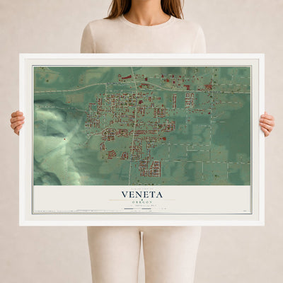 Map of Veneta, Oregon, 24 x 36 inch print in a white wood frame