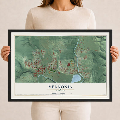 Map of Vernonia, Oregon, 12 x 18 inch print in a black wood frame