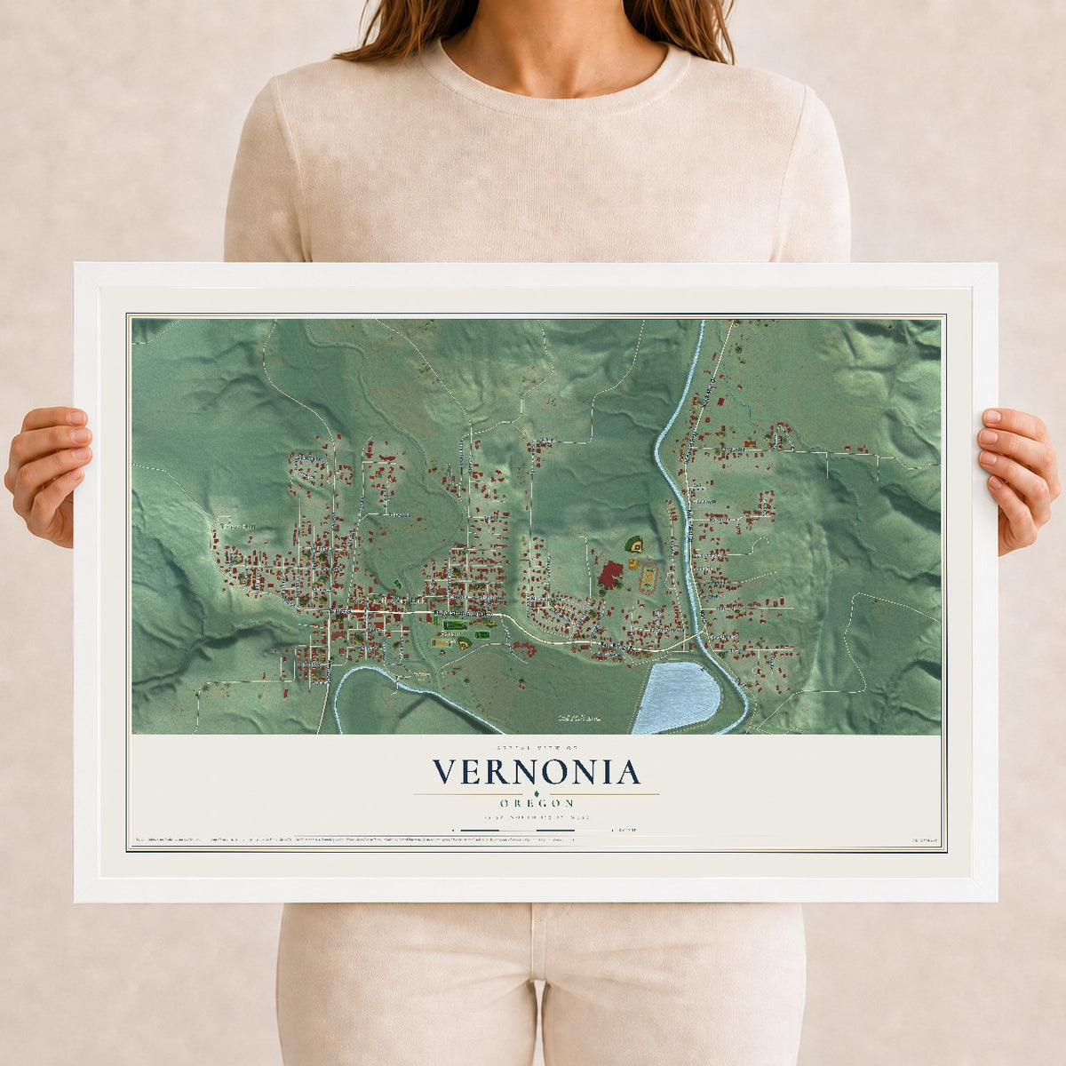 Map of Vernonia, Oregon, 12 x 18 inch print in a white wood frame