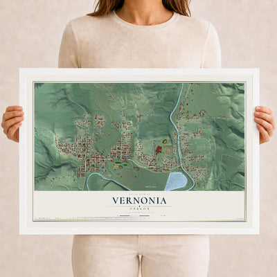 Map of Vernonia, Oregon, 12 x 18 inch print in a white wood frame