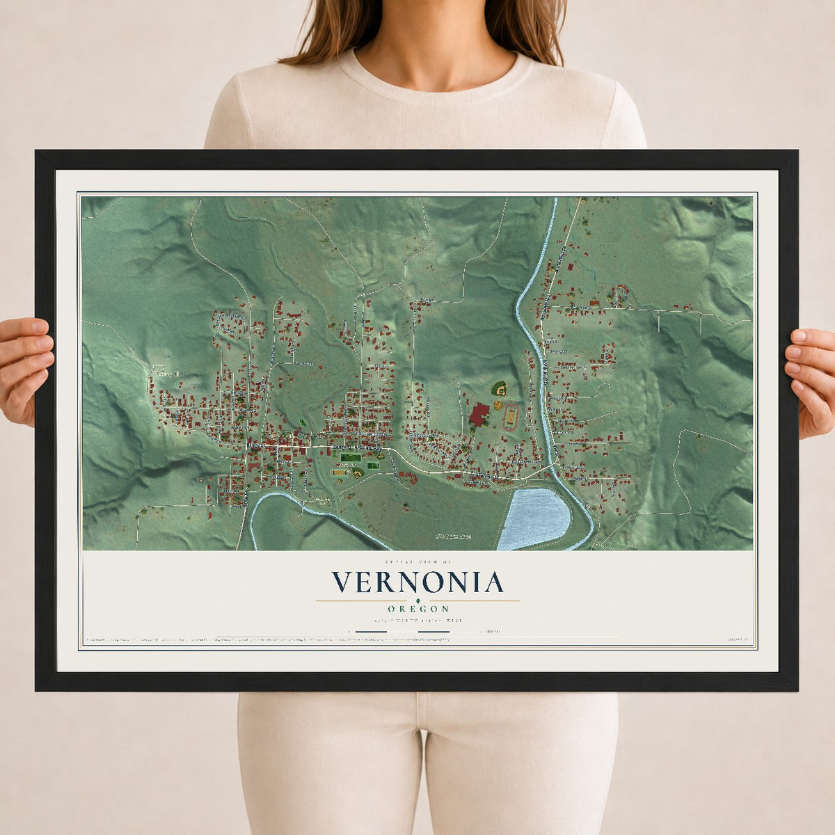 Map of Vernonia, Oregon, 18 x 24 inch print in a black wood frame