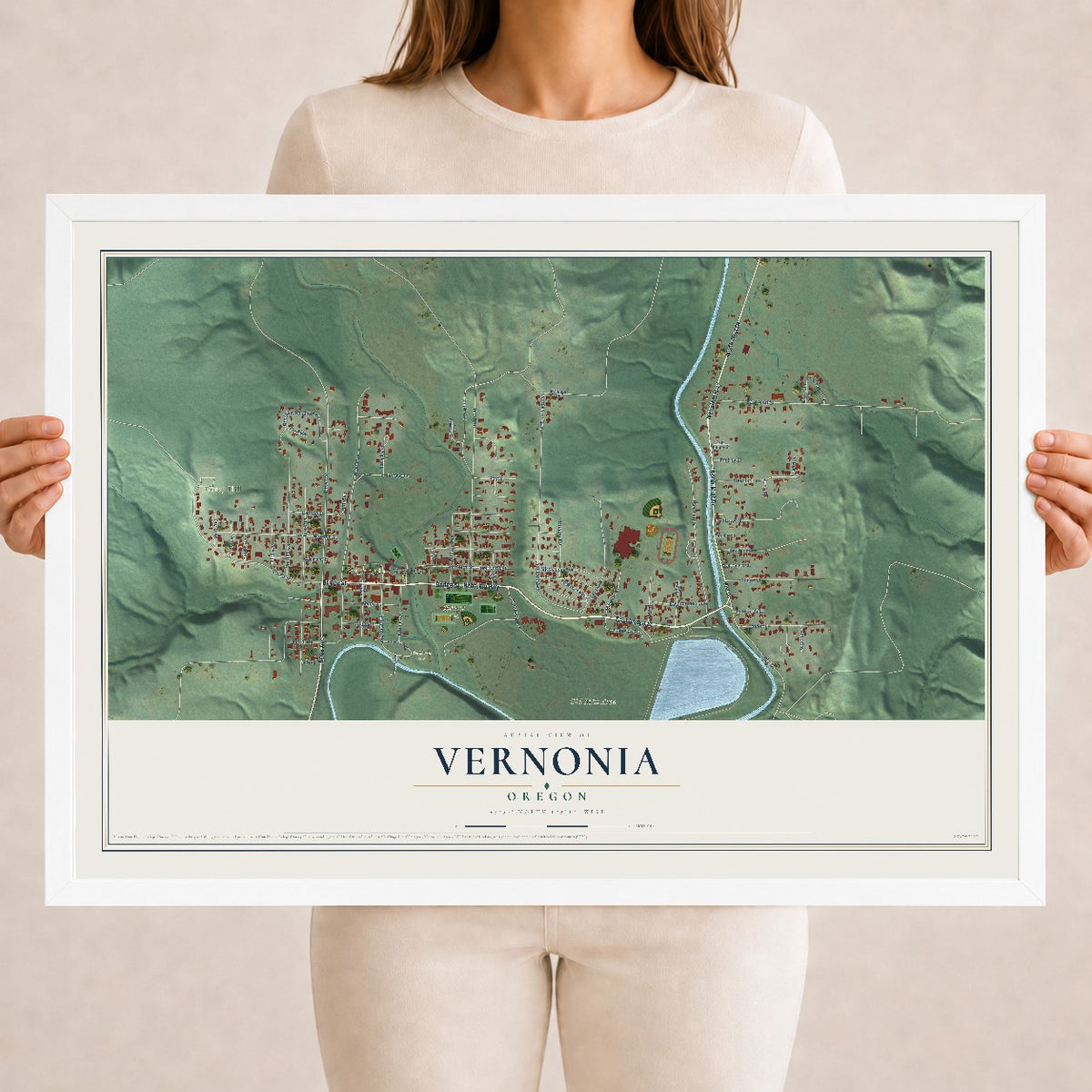 Map of Vernonia, Oregon, 18 x 24 inch print in a white wood frame