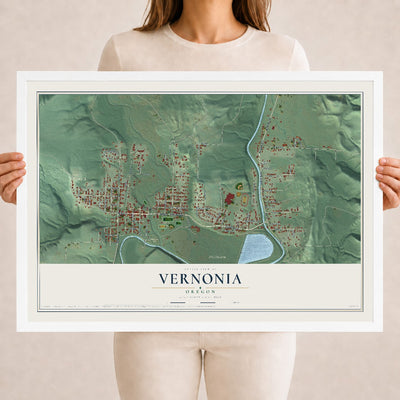 Map of Vernonia, Oregon, 18 x 24 inch print in a white wood frame