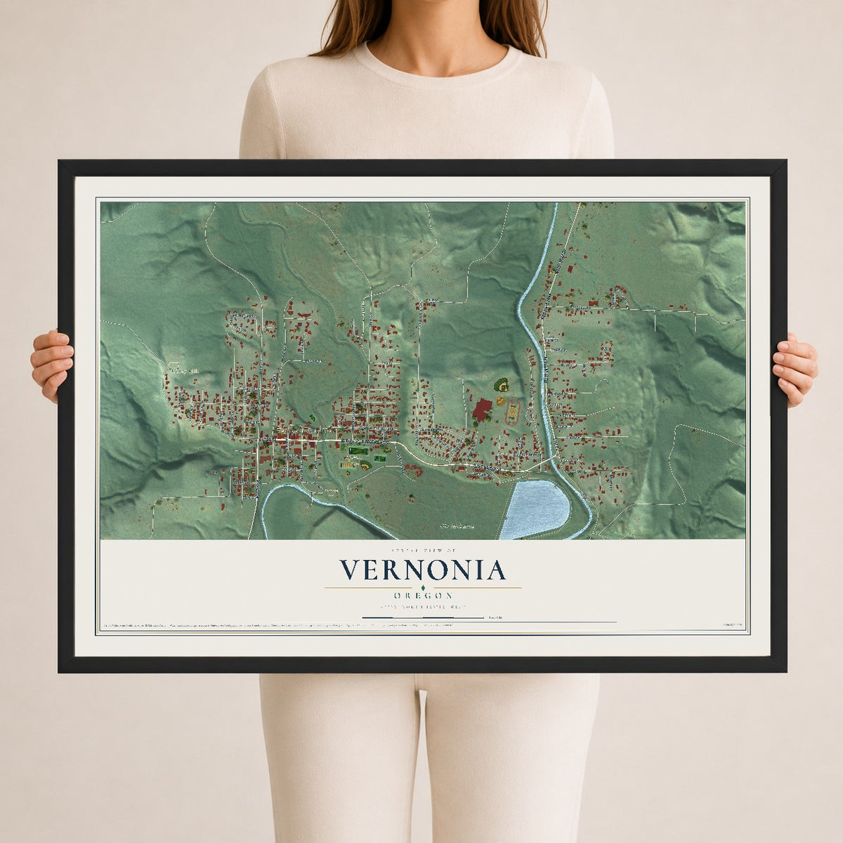 Map of Vernonia, Oregon, 24 x 36 inch print in a black wood frame