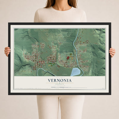 Map of Vernonia, Oregon, 24 x 36 inch print in a black wood frame