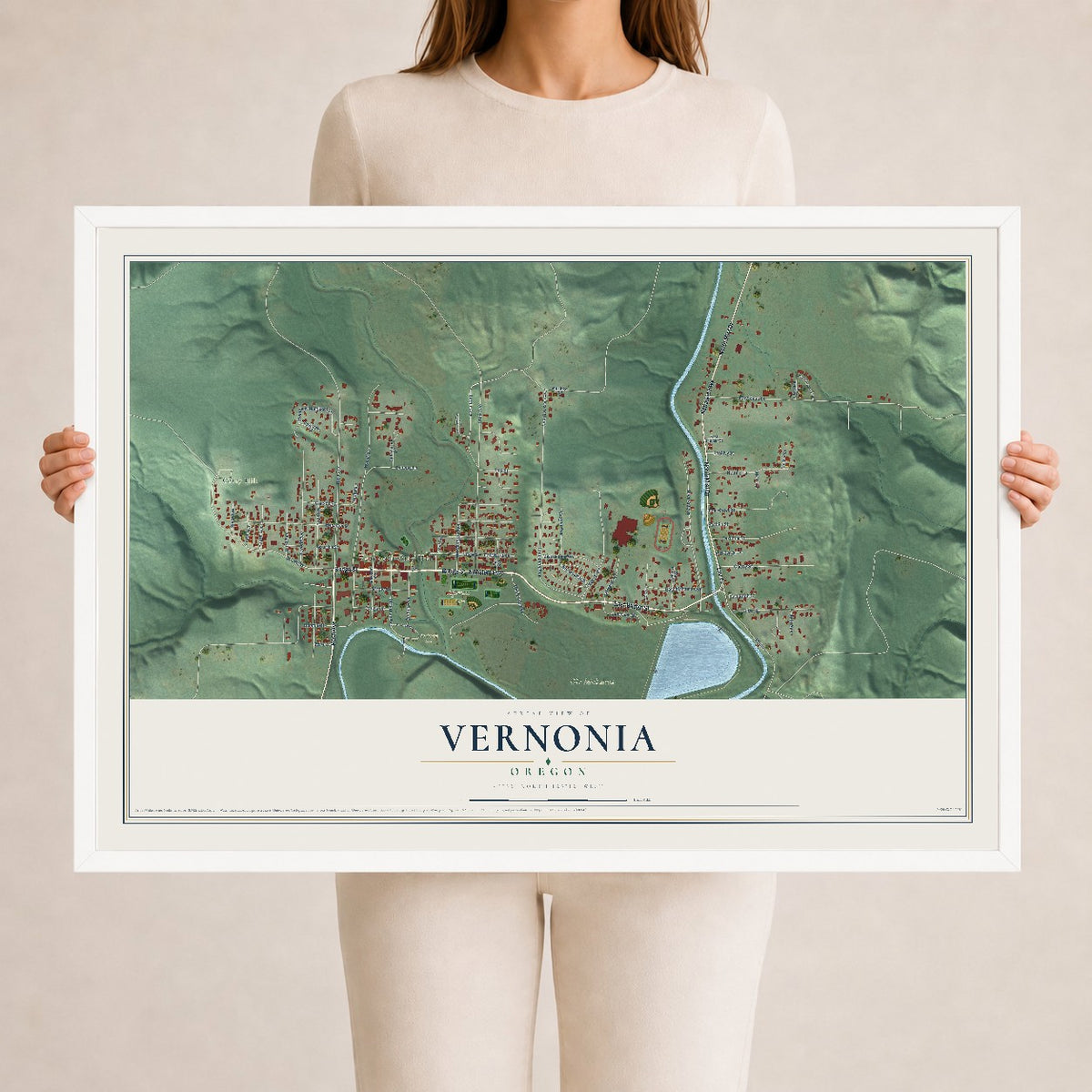Map of Vernonia, Oregon, 24 x 36 inch print in a white wood frame