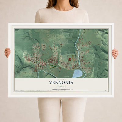 Map of Vernonia, Oregon, 24 x 36 inch print in a white wood frame