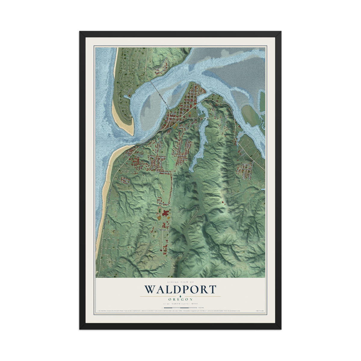 Map of Waldport, Oregon, 12 x 18 inch print in a black wood frame