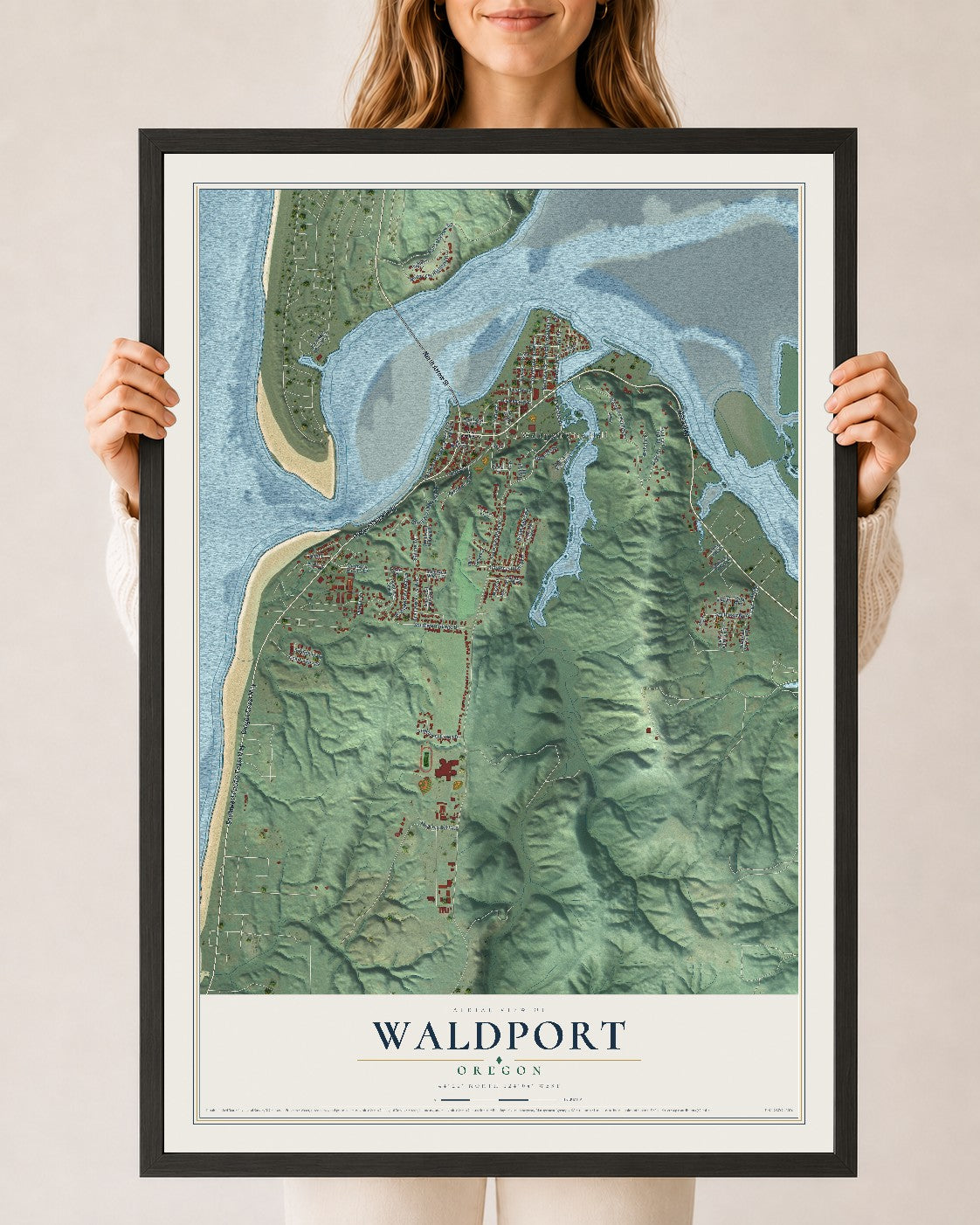 Map of Waldport, Oregon, 24 x 36 inch print in a black wood frame