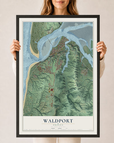 Map of Waldport, Oregon, 24 x 36 inch print in a black wood frame