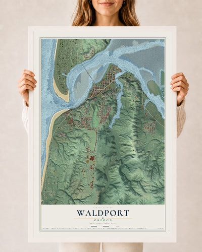 Map of Waldport, Oregon, 24 x 36 inch print in a white wood frame