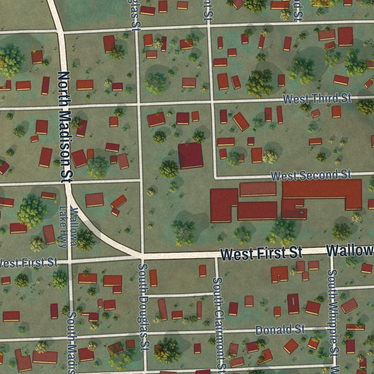 Close-up of the map of Wallowa, Oregon print showing street and building detail