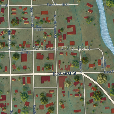 Second close-up of the map of Wallowa, Oregon print showing more streets and buildings