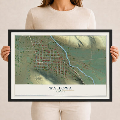 Map of Wallowa, Oregon, 12 x 18 inch print in a black wood frame