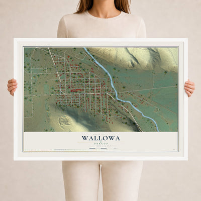 Map of Wallowa, Oregon, 24 x 36 inch print in a white wood frame