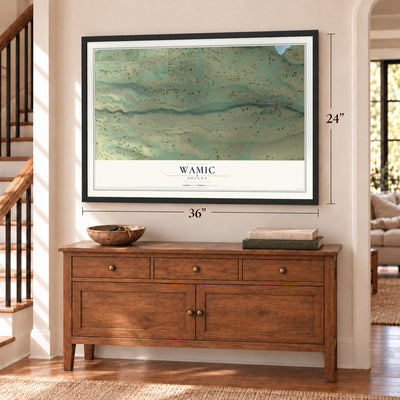 Wamic, Oregon map, 24 x 36 inch print in a black frame above a dresser by a staircase