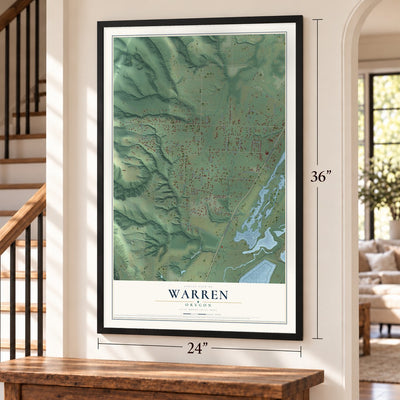 Warren, Oregon map, 24 x 36 inch print in a black frame by a staircase