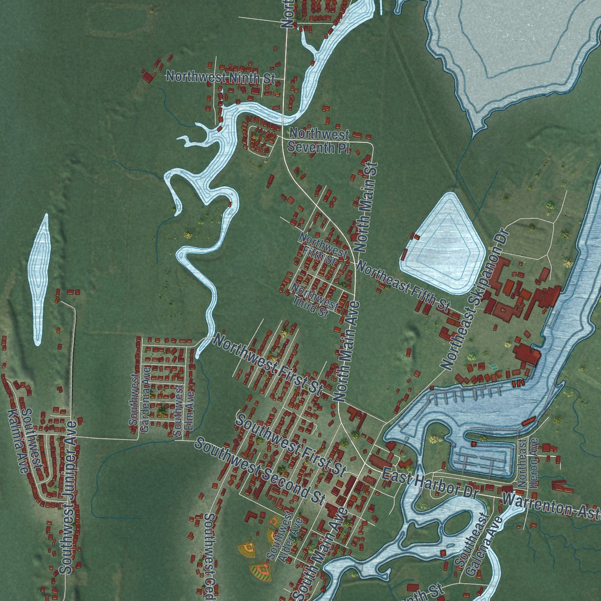 Close-up of the map of Warrenton, Oregon print showing street and building detail