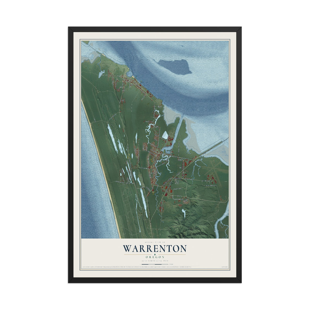 Map of Warrenton, Oregon, 12 x 18 inch print in a black wood frame