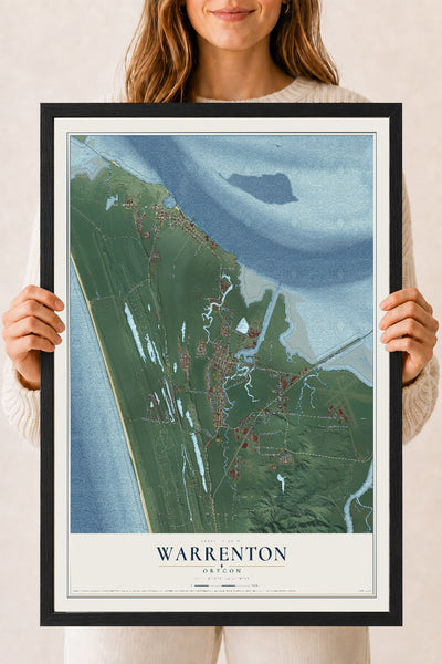 Map of Warrenton, Oregon, 18 x 24 inch print in a black wood frame