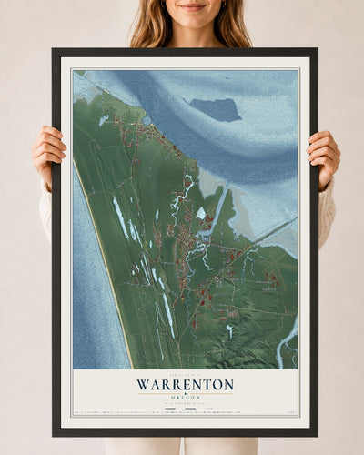Map of Warrenton, Oregon, 24 x 36 inch print in a black wood frame