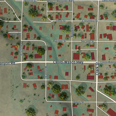 Close-up of the map of Wasco, Oregon print showing street and building detail