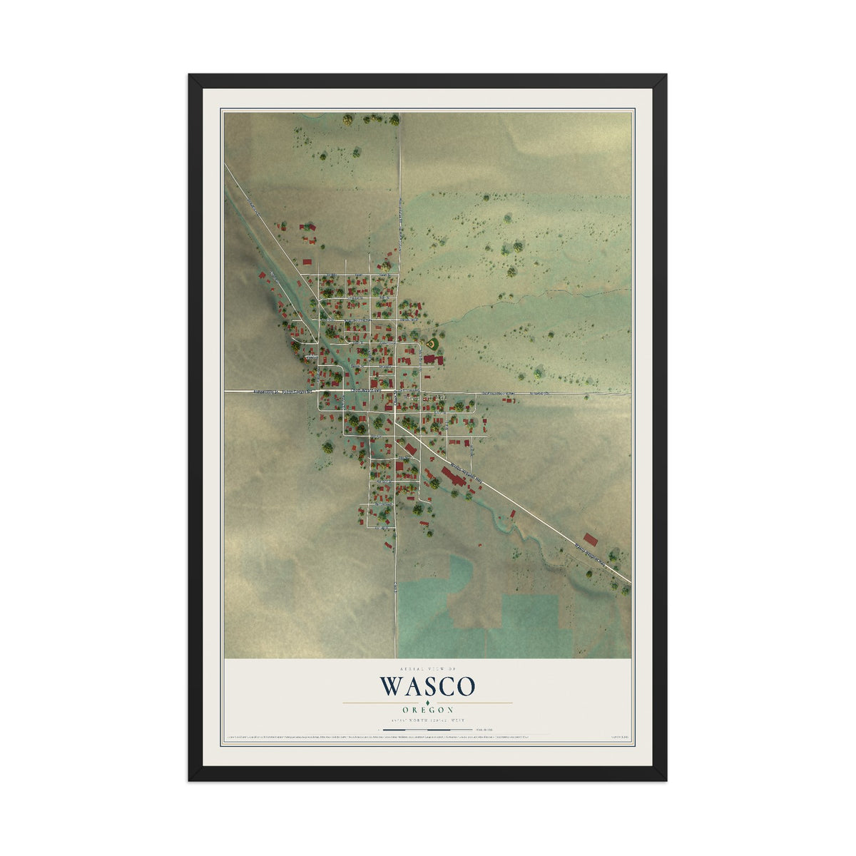 Map of Wasco, Oregon, 12 x 18 inch print in a black wood frame
