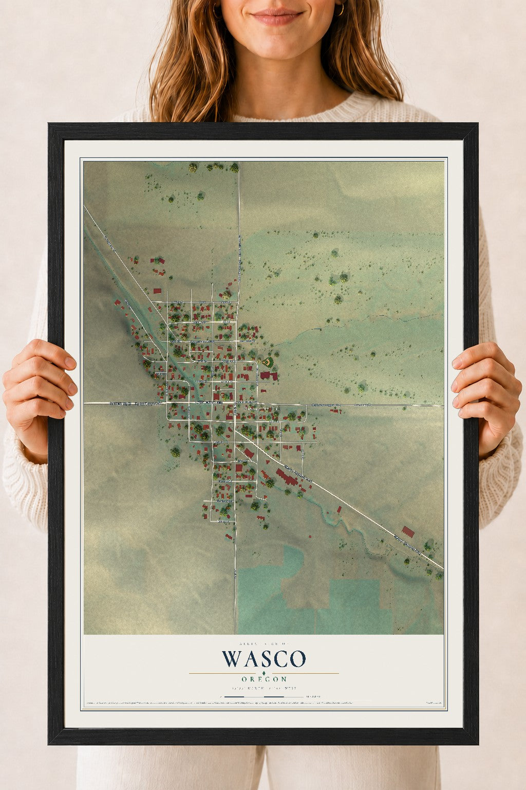 Map of Wasco, Oregon, 18 x 24 inch print in a black wood frame