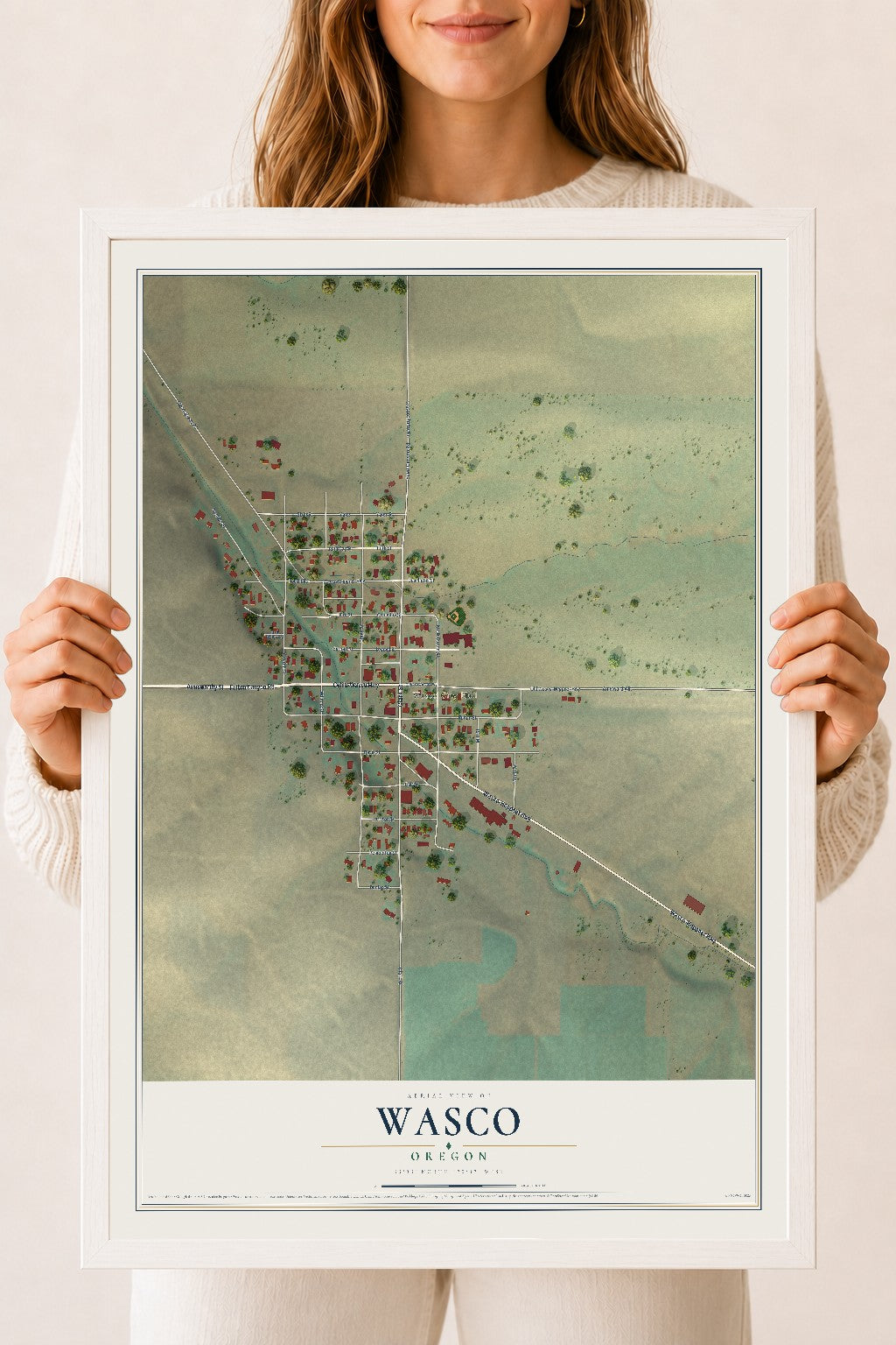Map of Wasco, Oregon, 18 x 24 inch print in a white wood frame