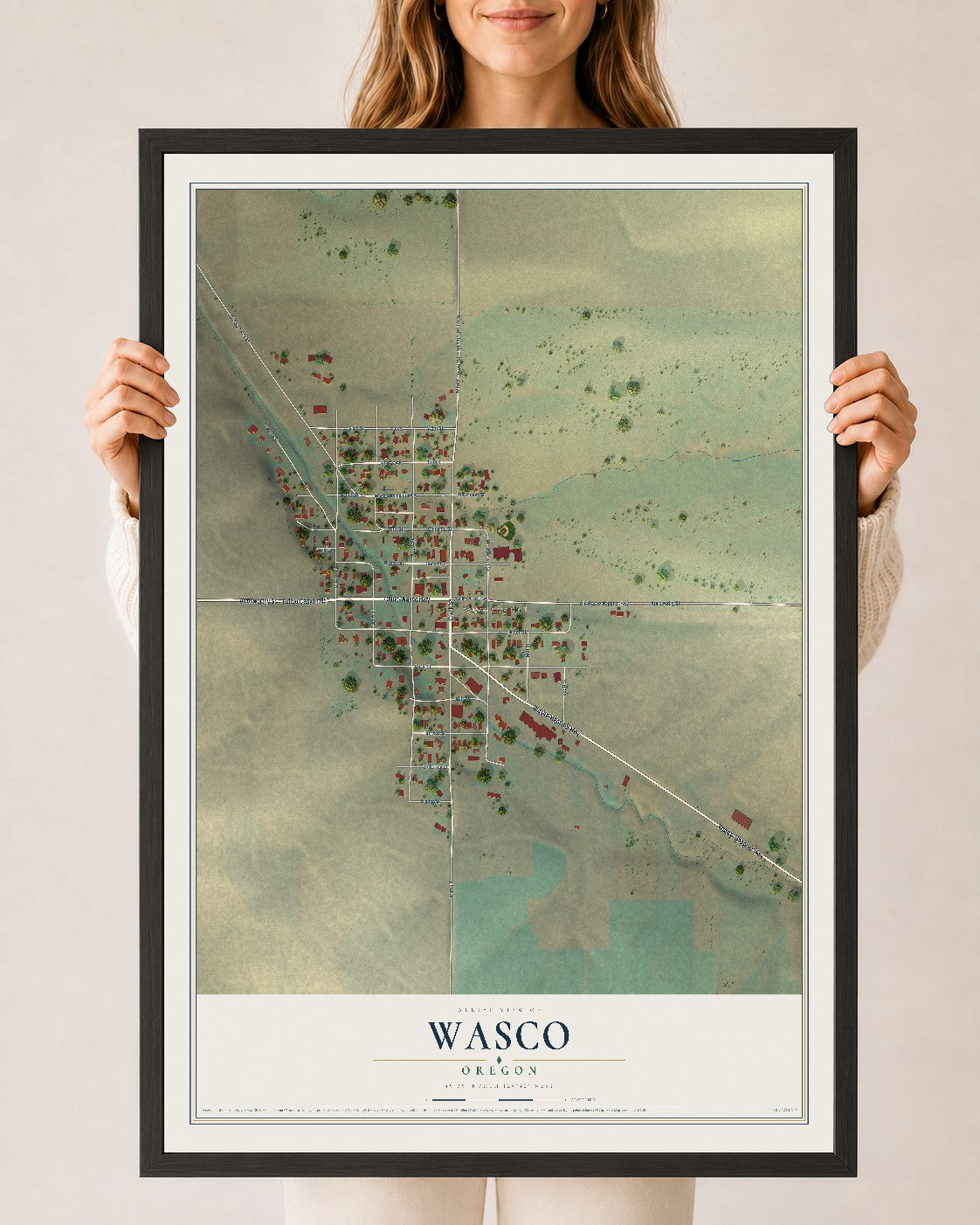 Map of Wasco, Oregon, 24 x 36 inch print in a black wood frame