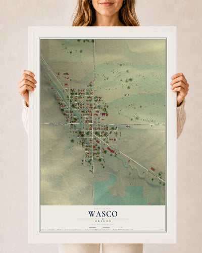 Map of Wasco, Oregon, 24 x 36 inch print in a white wood frame