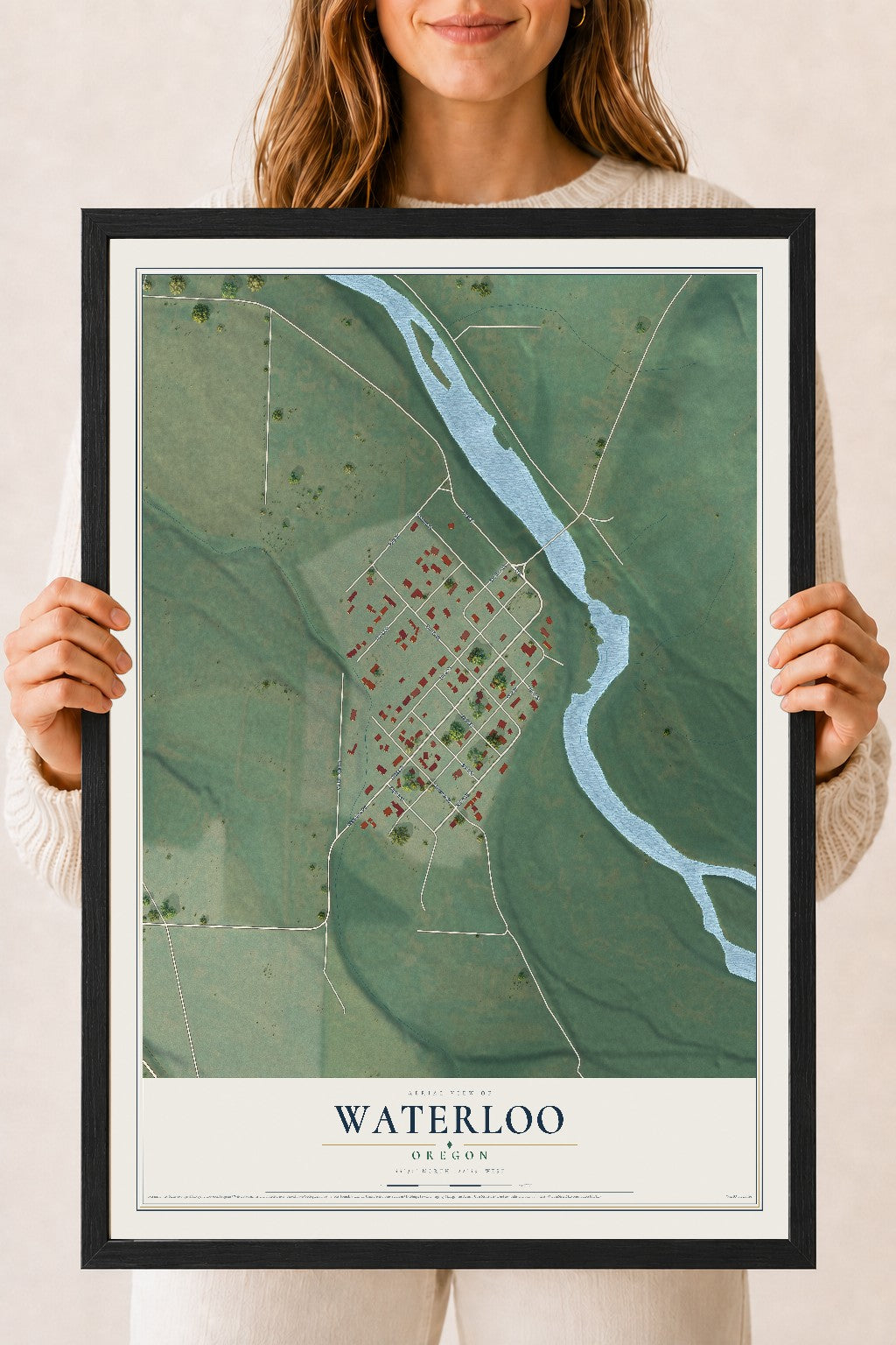 Map of Waterloo, Oregon, 18 x 24 inch print in a black wood frame