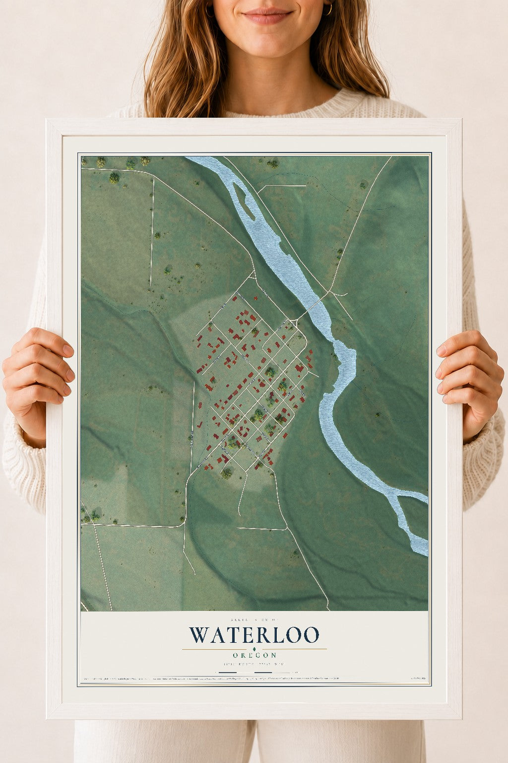 Map of Waterloo, Oregon, 18 x 24 inch print in a white wood frame