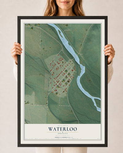 Map of Waterloo, Oregon, 24 x 36 inch print in a black wood frame