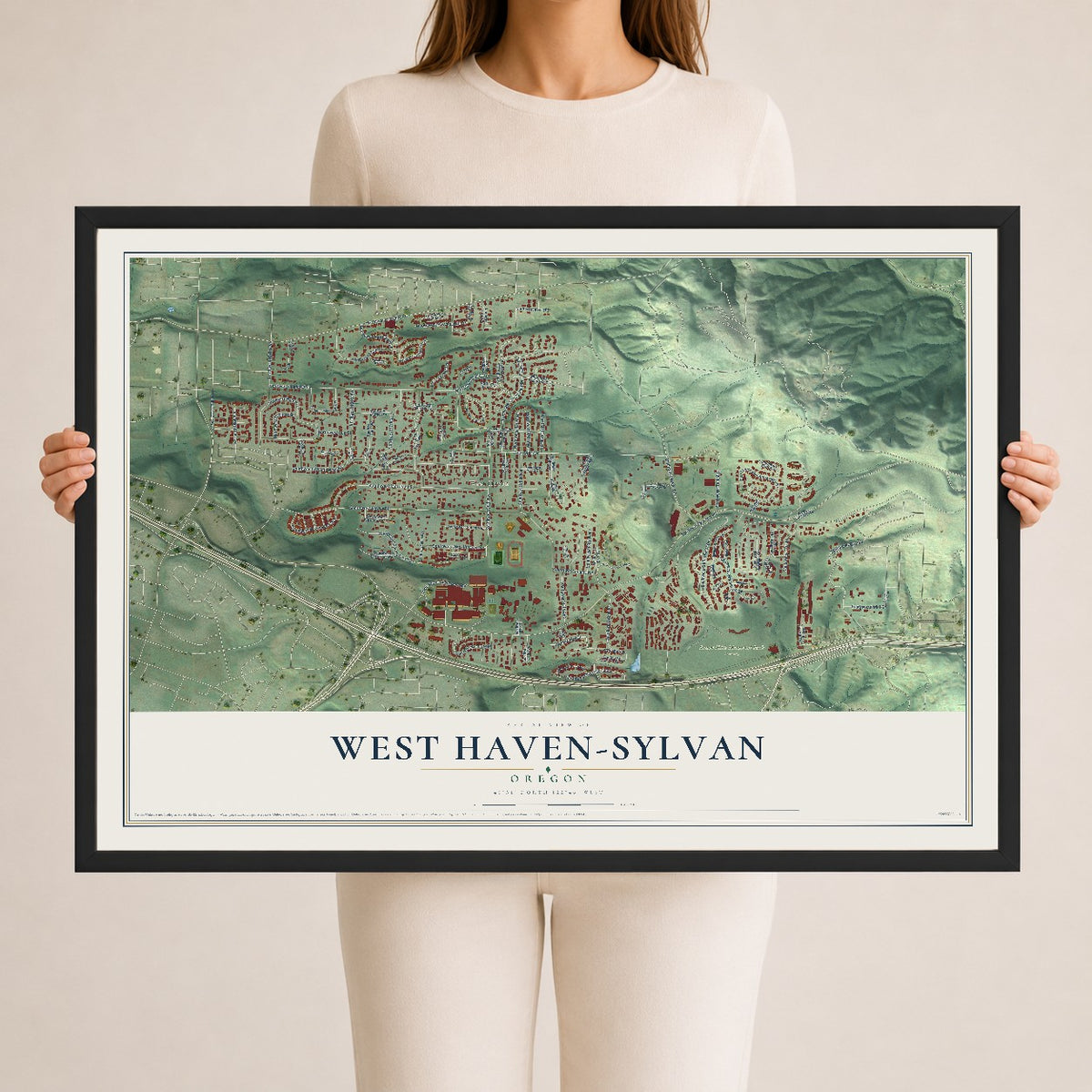 Map of West Haven-Sylvan, Oregon, 24 x 36 inch print in a black wood frame