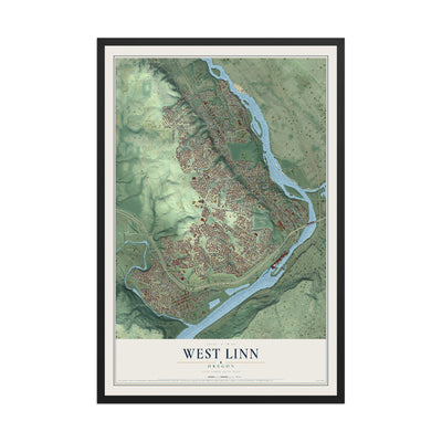 Map of West Linn, Oregon, 12 x 18 inch print in a black wood frame