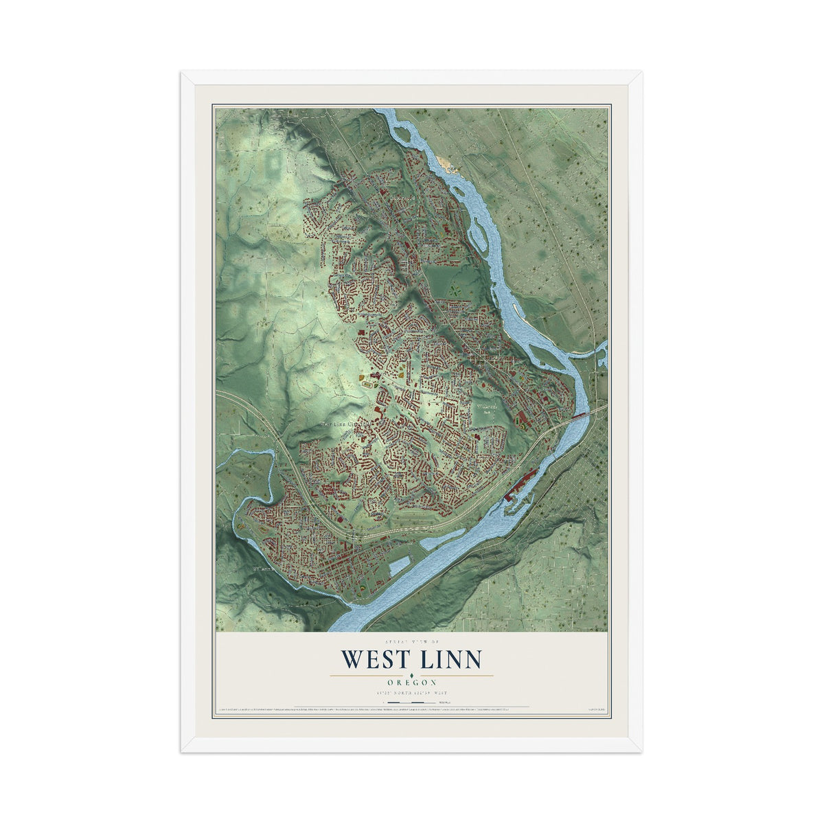 Map of West Linn, Oregon, 12 x 18 inch print in a white wood frame