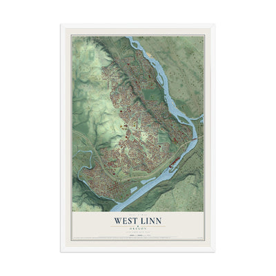 Map of West Linn, Oregon, 12 x 18 inch print in a white wood frame