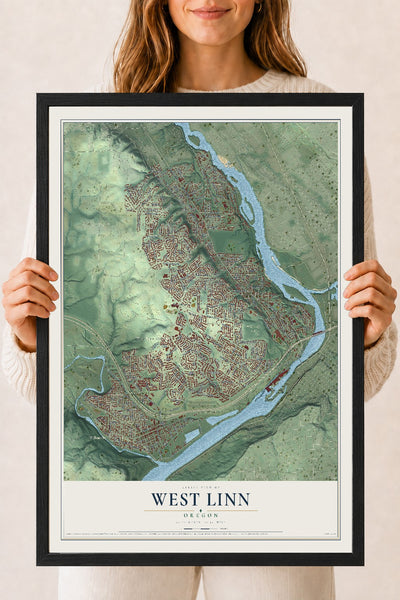 Map of West Linn, Oregon, 18 x 24 inch print in a black wood frame