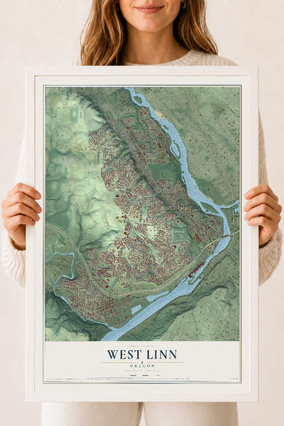 Map of West Linn, Oregon, 18 x 24 inch print in a white wood frame