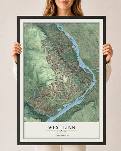 Map of West Linn, Oregon, 24 x 36 inch print in a black wood frame